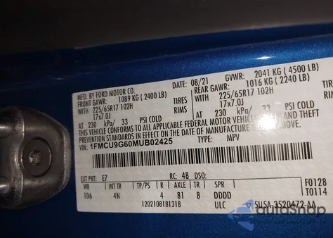 2021 Ford Escape Se from USA, damaged, VIN 1FMCU9G60MUB02425